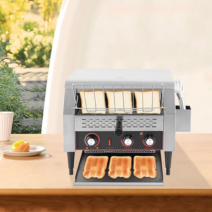 Commercial Electric Conveyor Toaster 450 Slices/Hour 2.4KW Countertop Stainless Steel Bread Toaster 7 Gears Adjustable Restaurant Toaster w/Handle&ampStorage Box for Bagel Burgers Sandwich Baked Fo