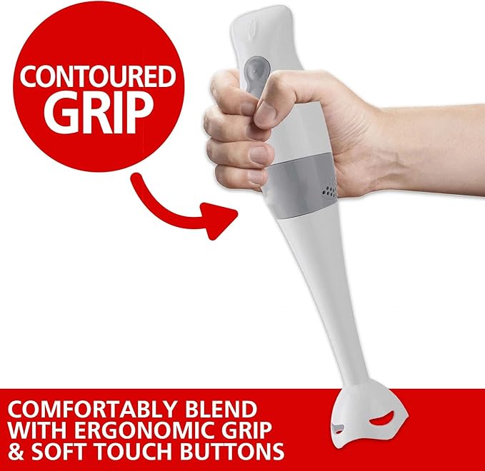 2-Speed Electric Hand Blender with Balloon Whisk – Ergonomic Immersion Blender for Mixing Chopping and Food Processing – Stainless Steel Blades 5ft Cord Dishwasher Safe (White)