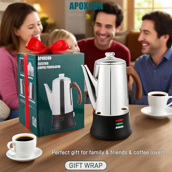 Electric Coffee Percolator Stainless Steel Coffee Maker with Two Heat Resistant Glass Knob &amp Treated Solid Wood Handle Keep Warm Cordless Serve Elegant Design Coffee Pot On/OFF Switch 8 Cup