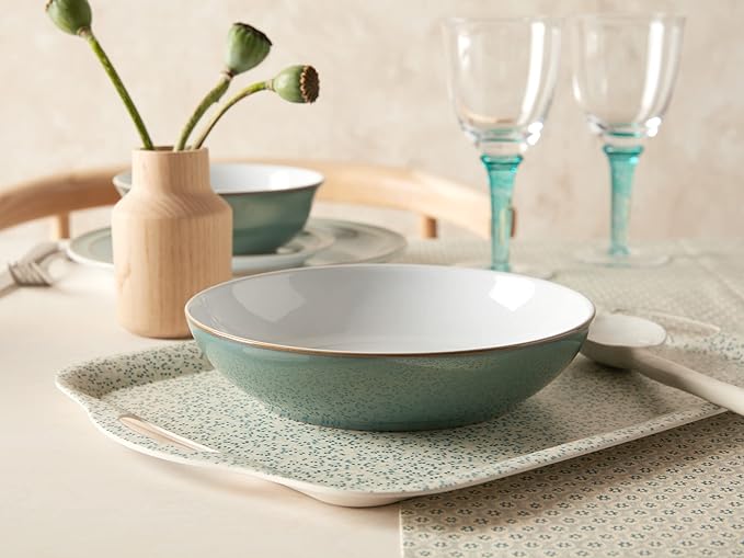Denby - Regency Green Pasta Bowls Set of 4 - Dishwasher Microwave Safe Crockery 1050ml 22cm - Green White Ceramic Stoneware Tableware - Chip &amp Crack Resistant