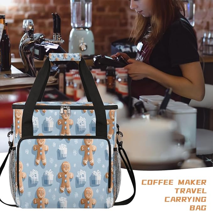 Merry Christmas Ginger Fruit Gift Coffee Maker Carring Bag Travel Carrying Storage Tote Bag Compatible with Keurig K-Mini or K-Mini Plus Portable Single Serve Coffee Brewer Case with Pockets