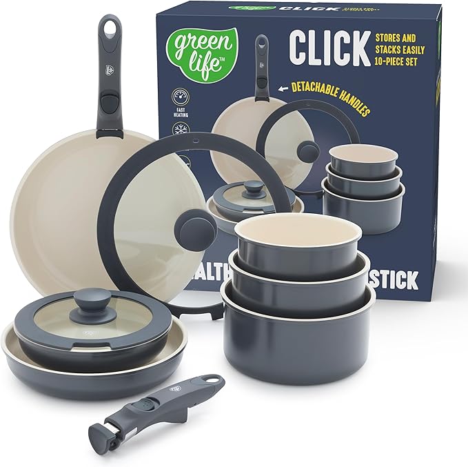 GreenLife 10 Piece Nonstick Pots &amp Pans Set Detachable Handle &amp Stackable Cookware Set Non Toxic PFAS-Free Skillets Induction Kitchen Pans Space Saving Serving Bowls Oven Safe Graphite
