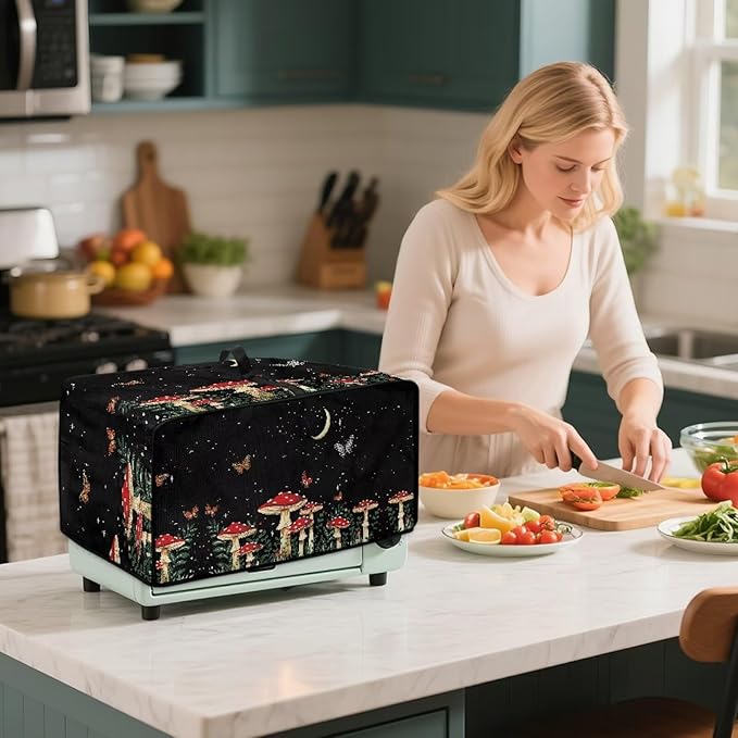 Toaster Oven Dust Cover with Accessory Pockets Neat Storage and Protection with Organizing Side Pockets for Kitchen Toaster Oven Appliances Decor Mushroom Moon