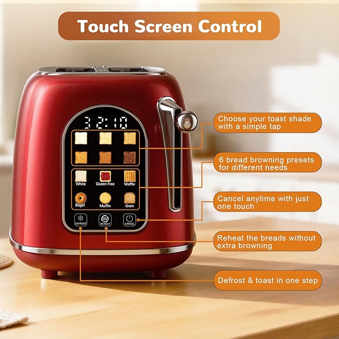 Mecity Toaster 2 Slice Touch Screen Wide Slot Retro Toaster For Breads Bagel Muffin Waffle House Warming Gift New Home 120V 825W Red Pearl