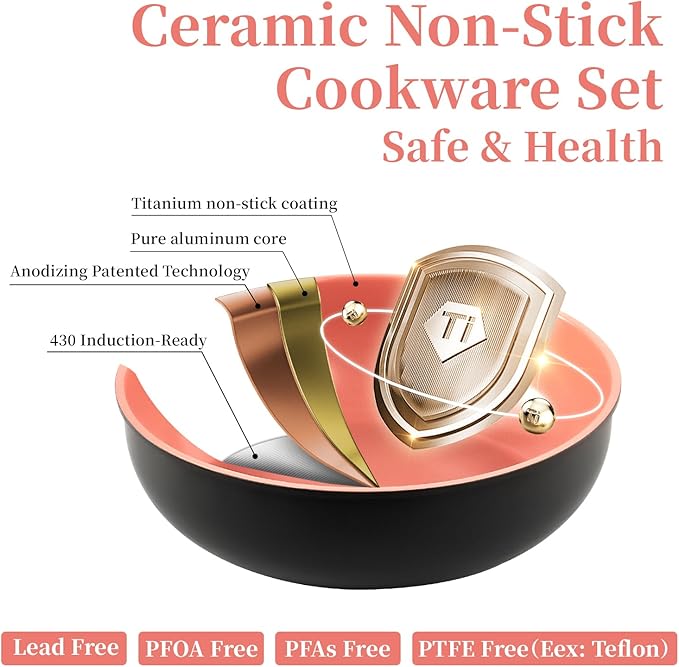 ROYDX Nonstick Pots and Pans Set Titanium Ceramics Cookware Set Pots and Pans with Removable Handles for RV Kitchen Oven &amp Dishwasher Safe Induction Compatible PFOA FreeSoft Peach