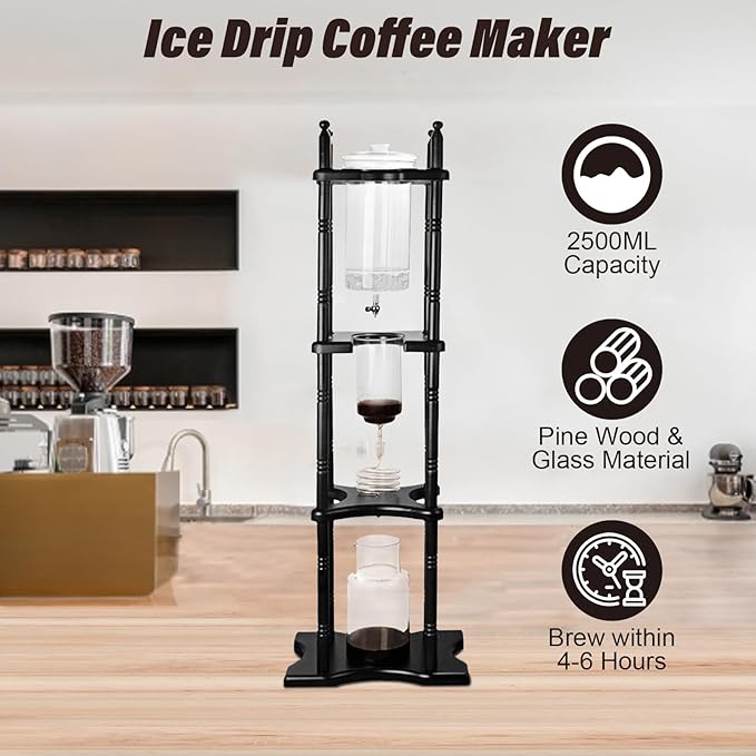 Ice Drip Coffee Maker 2500ml Cold Brew Coffee Tower Slow Drip Japanese Cold Brew Maker Drip Ice Coffee Tower Glass Dutch Coffee Dripper with Wood Straight Frame (Black)