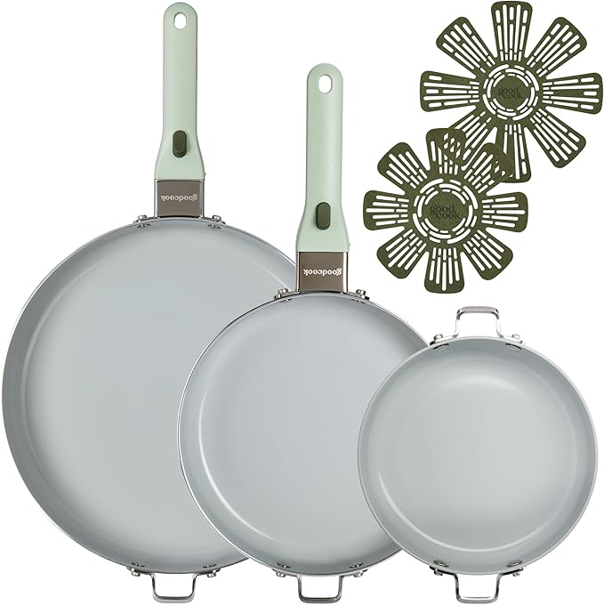 GoodCook Ceramic Cookware Set 7-Piece with Removable Handles Induction Compatible Fry Pans Nonstick and Oven Safe Sage Green