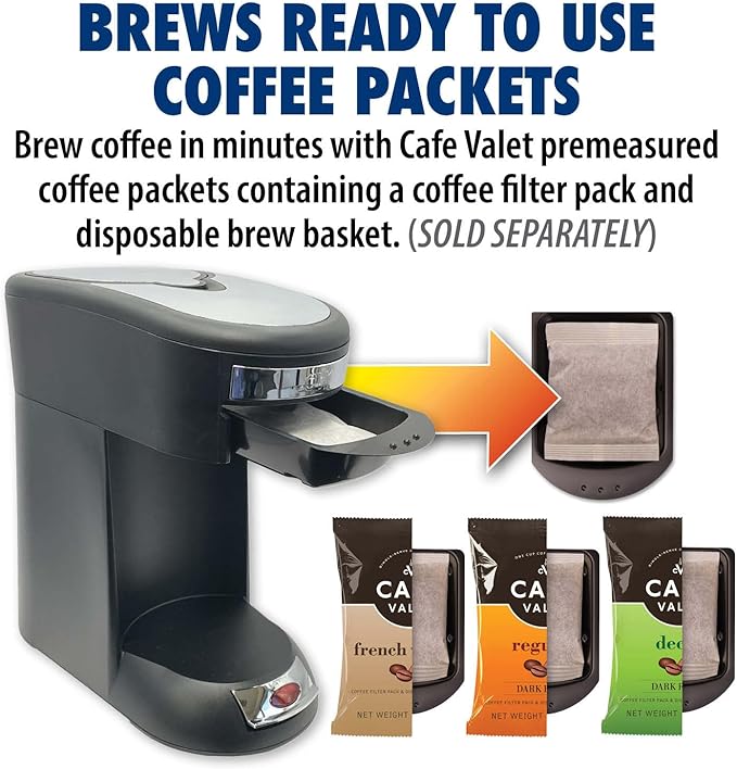 Café Valet Single Serve Coffee Maker Brews 10 Ounces of Coffee or Hot Water Compatible with Café Valet Coffee Packs