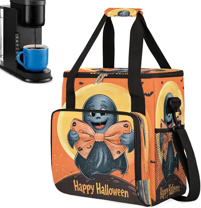 Halloween Ghost Moon Bow Coffee Maker Carring Bag Travel Carrying Storage Tote Bag Compatible with Keurig K-Mini or K-Mini Plus Portable Single Serve Coffee Brewer Case with Pockets for K-cup Pods