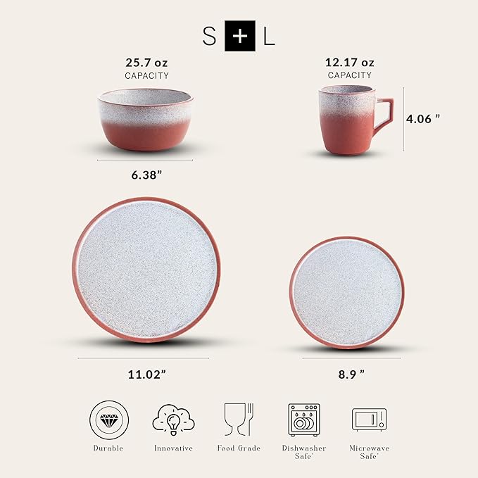 Stone Lain Vince Rustic Stoneware Dinnerware Set Service for 8 Red 32 Piece Service for 8