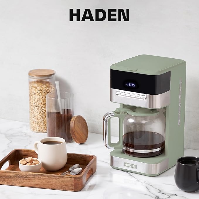 Haden Coffee Machine 12-Cup Programmable Drip Coffee Maker with Auto Shut-Off Function and Reusable Washable Water Filter Green &amp Chrome