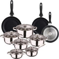 Well Home 12-Piece Stainless Steel Cookware Set + 3 Pans Diameter 16 x 20 x 24 cm Black Pressed Aluminium