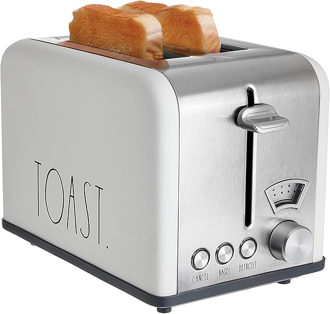 Rae Dunn Toaster Stainless Steel 2 Slice Square Toaster Wide Slot with 5 Browning Levels with Bagel Defrost and Cancel Options (Cream)