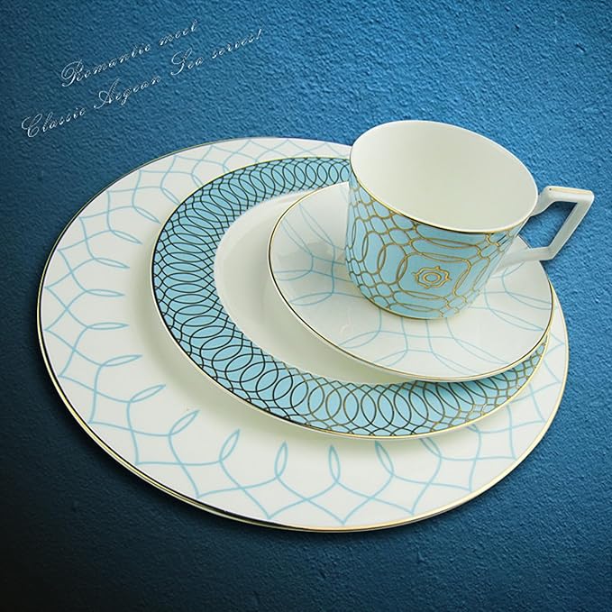 European Style Dinnerware Set Service for 6 Bone China Dinnerware Sets Unbreakable Porcelain Dinner Sets Coffee Cup and Saucer Tableware Set Steak Dinner Plates Dish Set blue