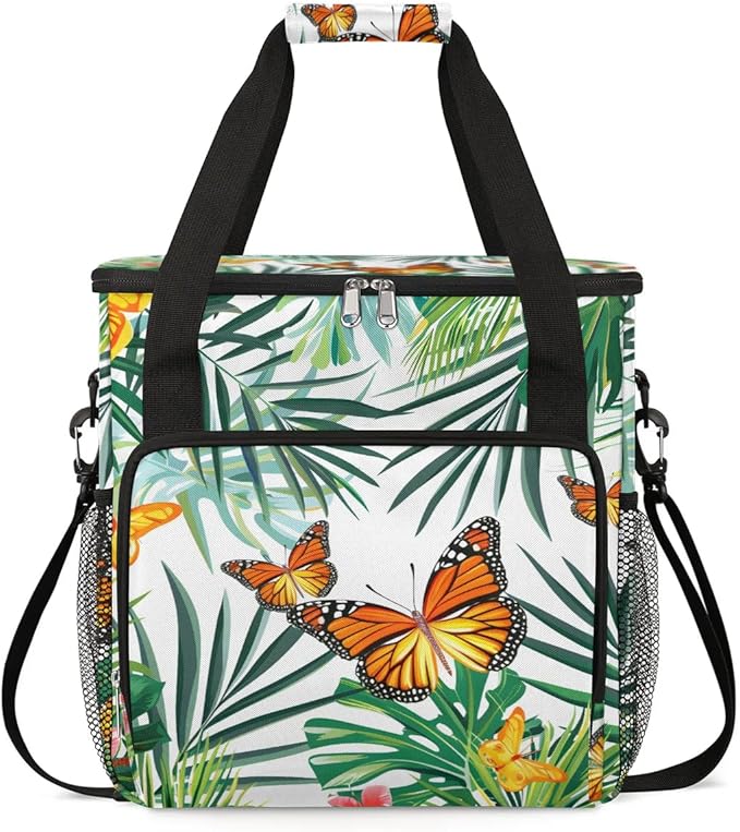 Butterfly Flower Leaf Palm Tree Coffee Maker Carring Bag Travel Tote Bag Compatible with Keurig K-Mini or K-Mini Plus Portable Single Serve Coffee Brewer Case with Pockets for K-cup Pods