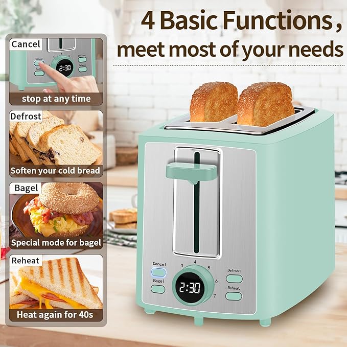SEEDEEM Toaster 2 Slice Bread Toaster with LCD Display 7 Shade Settings 1.４'' Variable Extra Wide Slots Toaster with Cancel Bagel Defrost Reheat Functions Removable Crumb Tray 900W Azure Blue