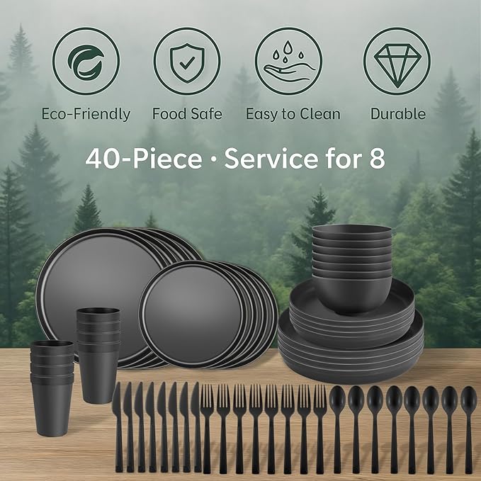 40 Piece RV &amp Camping Dinnerware Set Elegant Ceramic-Look Large Bowls &amp Plates Unbreakable &amp 100% Microwave Safe Melamine Alternative Service for 8 Gray