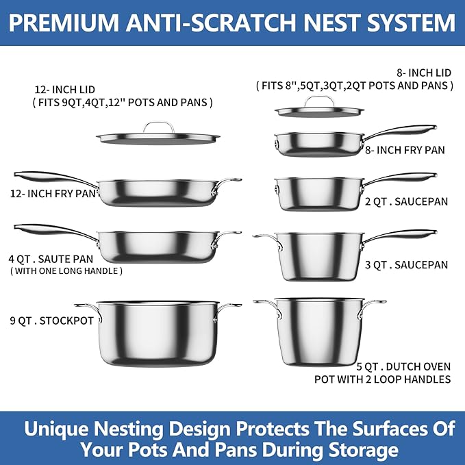 Nuwave Pro-Smart 9pc Stainless Steel Cookware Set Heavy-Duty Tri-Ply 3.1mm Thickness 18/10SS Space Saving Nestable Design Stay-Cool Handles Induction-Ready Works on All Cooktops 20Yeär Wärranty