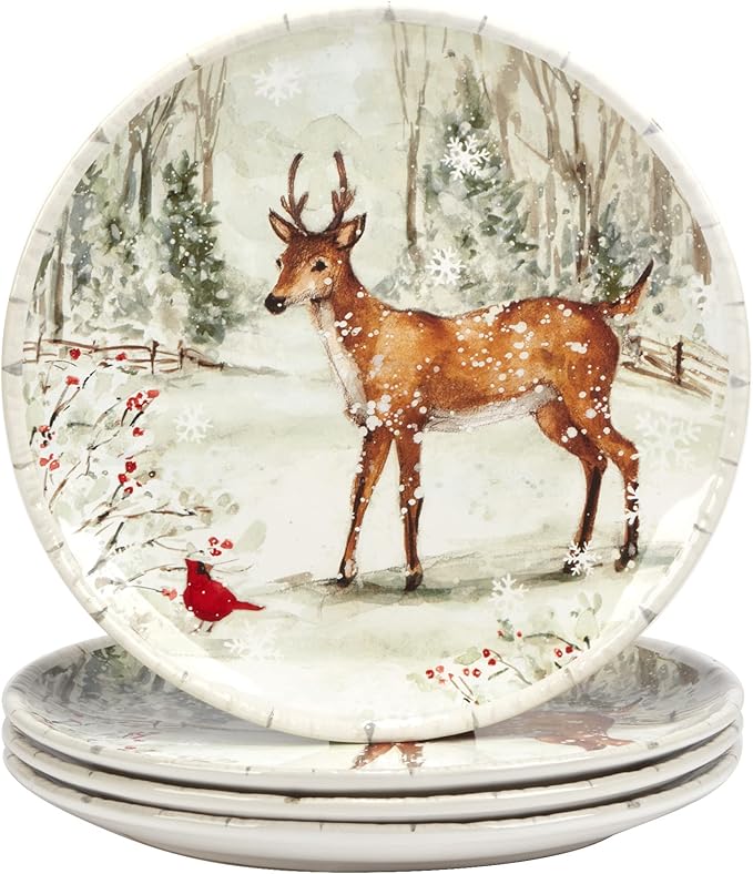 Winter’s Walk 16-Piece Ceramic Dinnerware Set Service for 4 – Bring woodland charm to your table with foxes owls and deer in a serene snowy forest design perfect for cozy winter gatherings