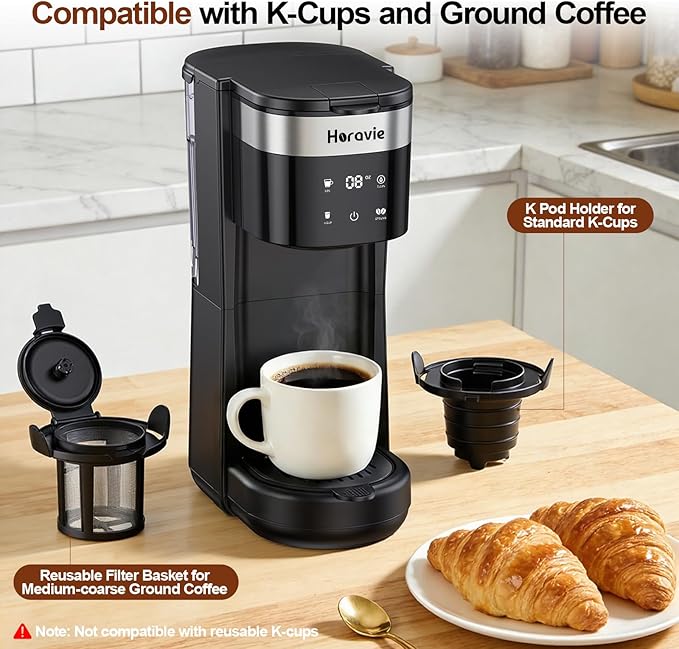 All-in-1 Single Serve Coffee Maker Fit 7.8 Travel Mug Hot &amp Iced K Cup Coffee Machine with 5 Brew Sizes One Cup Coffee Maker with Descaling and Low Water Alert 30oz Removable Reservoir Black