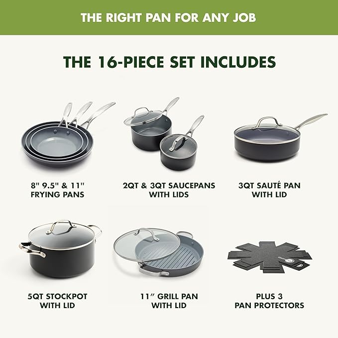 GreenPan Valencia Pro Ceramic Nonstick 16 Piece Cookware Set Hard Anodized PFAS-Free Pots &amp Pans Induction Ready Compatible on All Cooktops Dishwasher Safe Oven Safe to 600F Gray