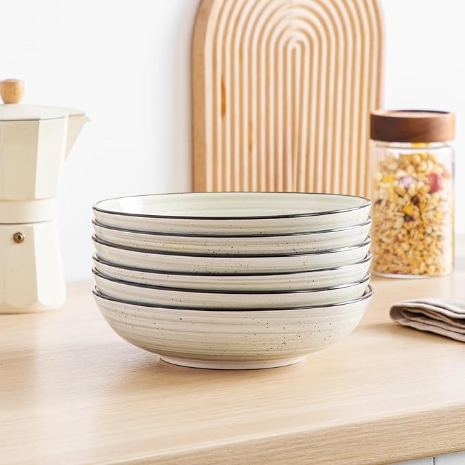 vancasso Bonbon Pasta Bowls Set of 6 38 Oz Ceramic Salad Bowls Wide and Shallow Bowls Set Large Serving Bowls for Kitchen Beige