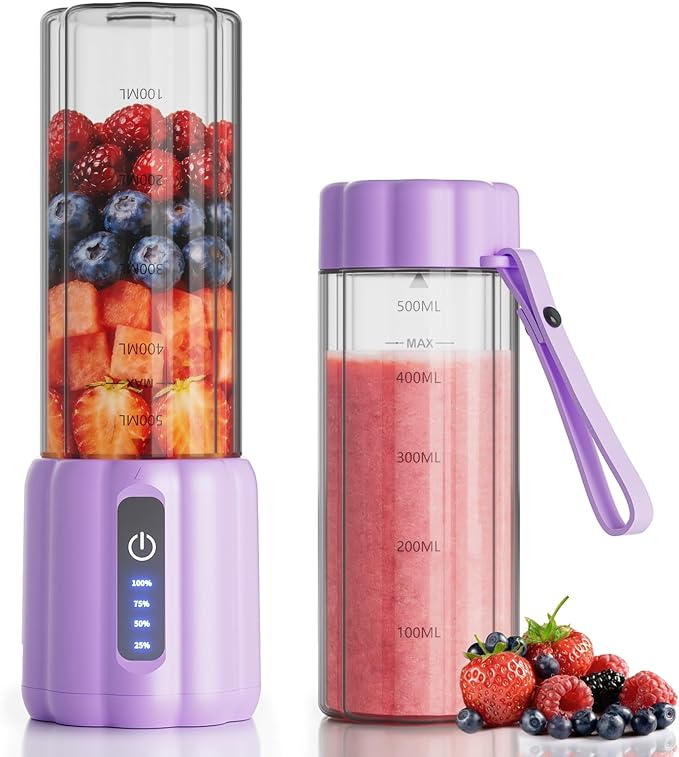 Portable Blender 15 Oz Personal Blender for Smoothies and Shakes Small Juice Mixer with LED Display USB C Rechargeable Shake Maker with 6 Blades for Kitchen Outdoor GymPurple