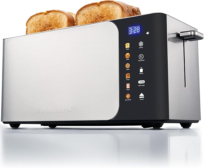 Elite Gourmet ECT5924D SmartToast Digital Long Slot 4 Slice Toaster 1.5” Wide Slots for Thick Breads &amp Bagel Function LED Touch Screen Countdown Timer 6 Shades Stainless Steel