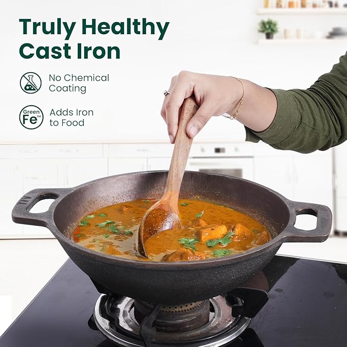 Pre-Seasoned Cast Iron Cookware Set | Tawa(25.2cm) Fry Pan (25cm) Wok Model Kadai (20.8cm) with Free Tadka Pan (16.4cm) | Kitchen Cooking Combo Pots and Pans Set of 4 Pcs Black