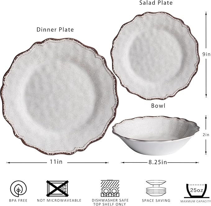 LEHAHA Farmhouse White Melamine Dinnerware Sets 12 Piece Plates and Bowls Set Perfect Weight and Unbreakable Camping Dishes Dinnerware Sets Service for 4 Indoor and Outdoor Use Dishwasher Safe