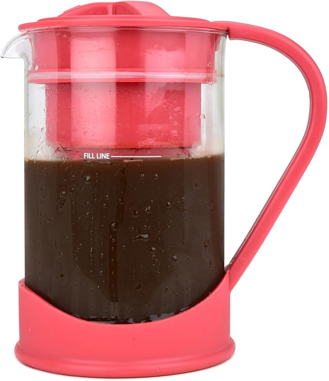 Cold Brew Coffee Maker 1 Liter (4-Cups) Capacity Great for Flavorful Iced Coffee That Stays Fresh Longer Borosilicate Glass Easy Cleaning Fun Ideas and Recipe Booklet 8x5 Inches Red