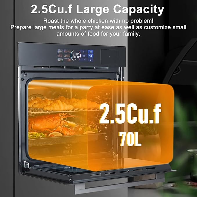 24 Built-In Electric Wall Oven with Steam Grill &amp Air Fry 3000W Convection Oven 2.5 Cu.Ft Stainless Steel Interior Color Touchscreen Control 240V