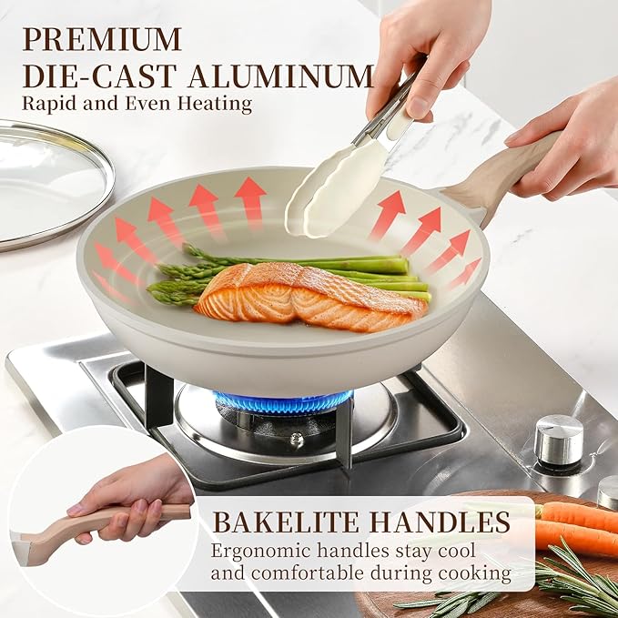 Kikcoin 16Pcs Pots and Pans Set Nonstick Ceramic Cookware Sets Induction Kitchen Cooking Set Non toxic Healthy Non Stick w/Grill PanSaute Pan Ceramic White
