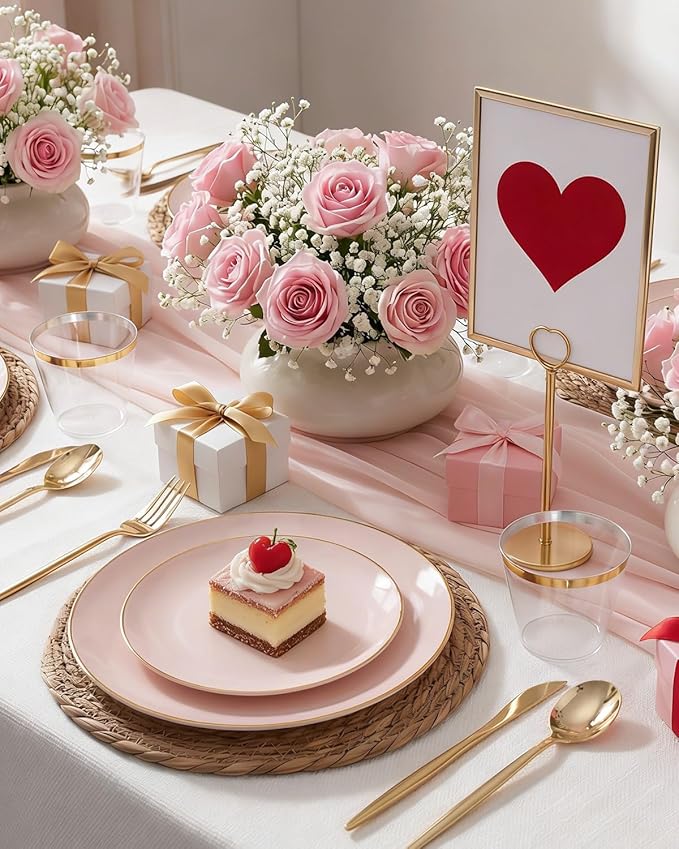 bUCLA 150PCS Pink Plastic Plates - Pink and Gold Disposable Include 25 Each (Dinner &amp Dessert) Plates 25 Knives 25 Forks 25 Spoons and 25 Cups Ideal for Party Wedding &amp Easter