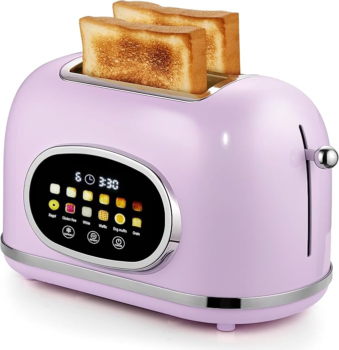 Roter Mond 2 Slice Toaster Smart Touch Screen Retro Stainless Steel Bread Toaster with Digital Timer Sleep Mode Bagel Cancel and Defrost Functions 6 Bread Types and Shade Settings Light Purple