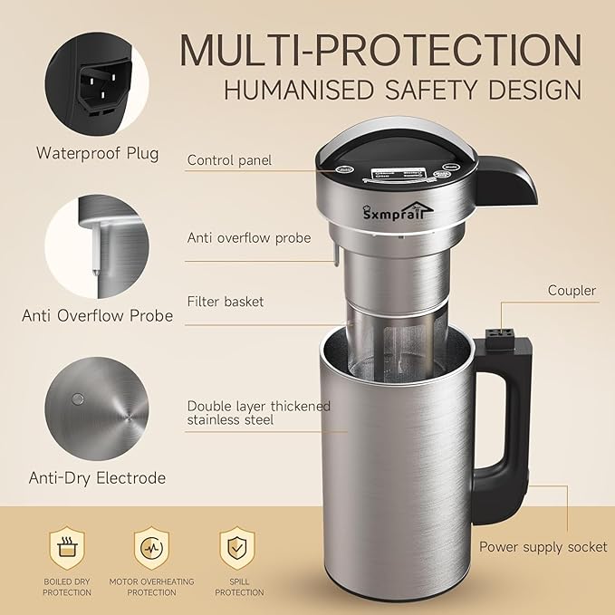 304 Stainless Steel Almond Milk Maker Machine (Built-in Filter) 50oz 6-7 Cups Per Batch 8-IN-1 Cooking Blender Make Plant Based Nut Milk Soy Oat Milk Soup &amp Juice Automatic Cleaning (Silvery)