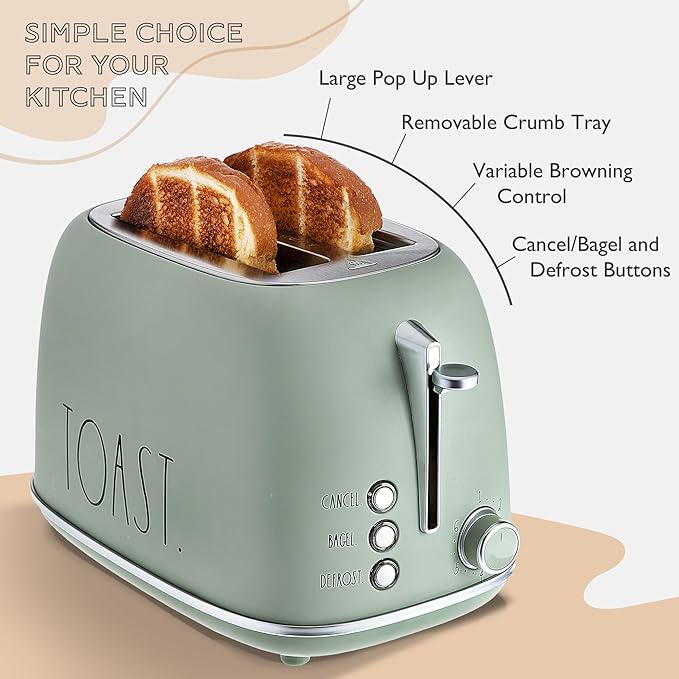 Rae Dunn Retro Rounded Bread Toaster 2 Slice Stainless Steel Toaster with Removable Crumb Tray Wide Slot with 6 Browning Levels Bagel Defrost and Cancel Options Sage