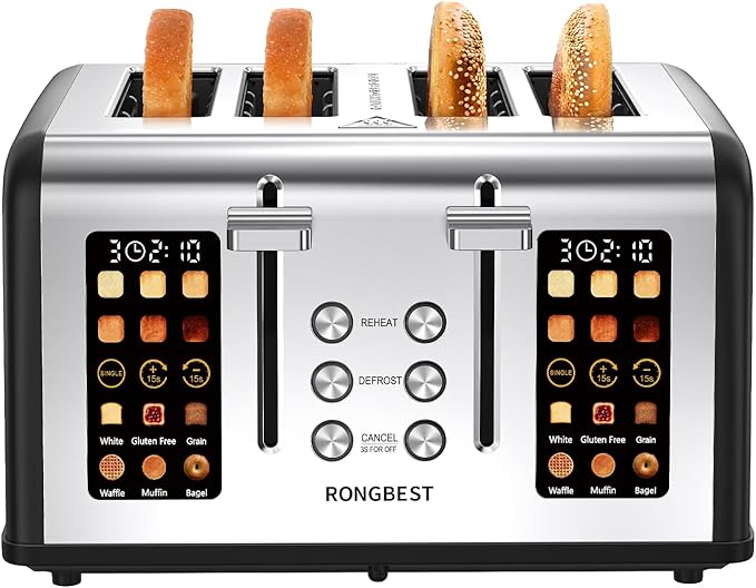 4 Slice Touch Screen Toaster Easy-to-Use Digital Stainless Steel Toaster with Wide Slots Reheat Defrost Cancel Removable Crumb Tray Matte Black