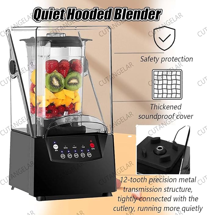 Commercial Blender 2200W High Power - 2L Capacity Silent Smoothie Blender with Hood 17000 RPM Ice Crusher with Smart Touch Screen Suitable for Juice Bar Casual Shop