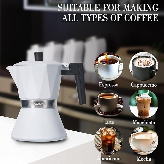 Moka Pot 6-Cup Espresso Maker 300ml Portable Stovetop Espresso Maker Percolator Coffee Pot Compatible with Induction Cooktops Suitable for Home and Camping (White)