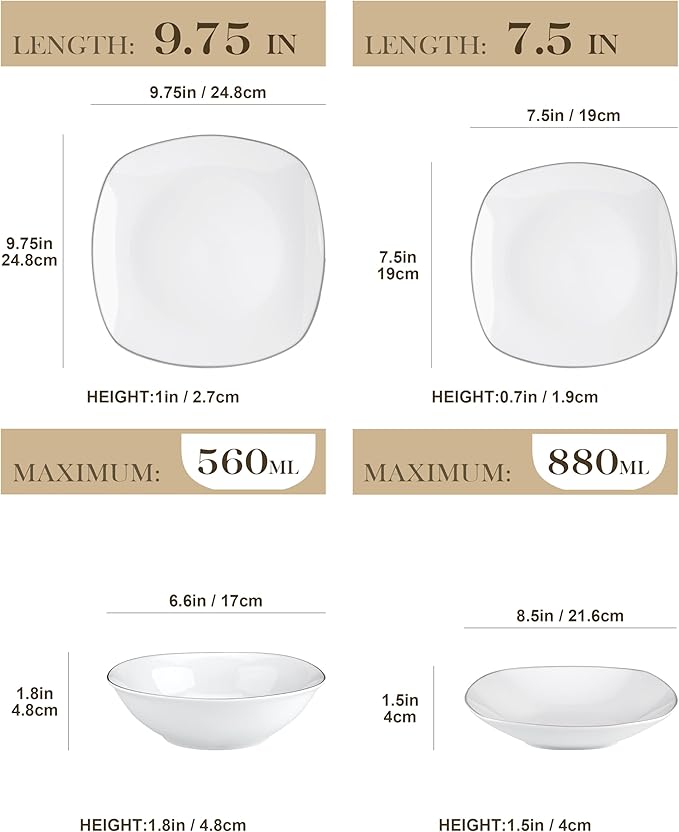 MALACASA Dinnerware Sets 24 Piece Porcelain Square Dishes White with Silver Rim Plates and Bowls Sets Ceramic Dish Set for 6 Chip Resistant Dishware Sets Series ELISA