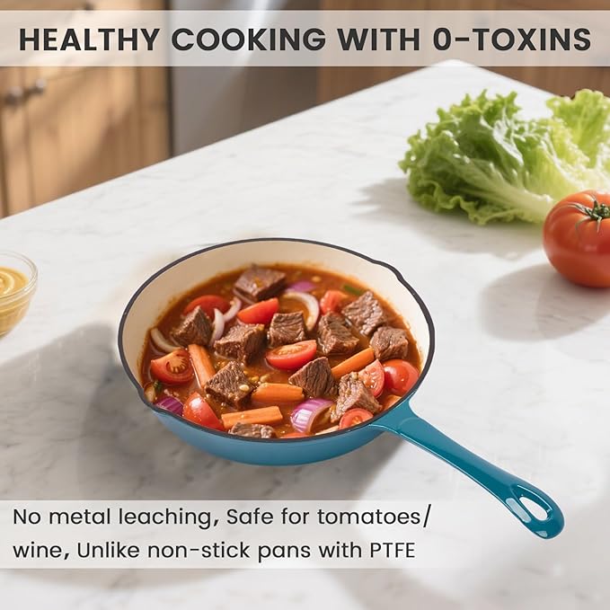 Hisencn Enameled Cast Iron Frying Pan Set 3 Piece Set of Skillets(8''/9.5''/11'') PFAS &amp PTFE &amp PFOA -Free Gas/Induction/Electric/Oven Compatible Biscay Blue