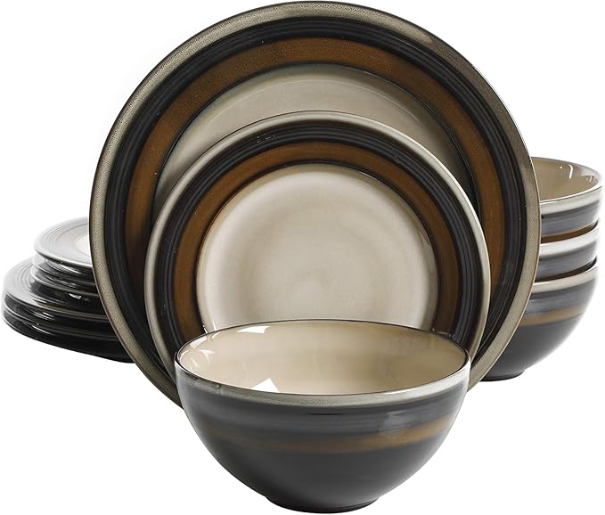 12-Piece Stoneware Dinnerware Set in Brown Modern Glazed Dishware Collection for Everyday Dining