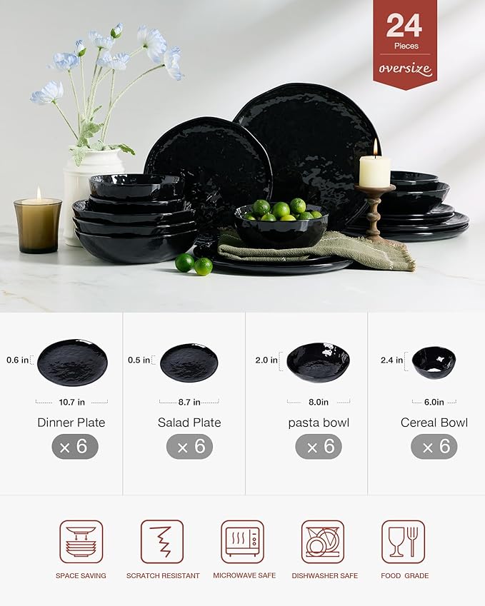 Famiware Porcelain kitchen plates and bowls set Modern dishes set for 6 Handmade Wave Edge Dinnerware Sets Microwave and Dishwasher Safe Tableware Glossy-black (24pc)