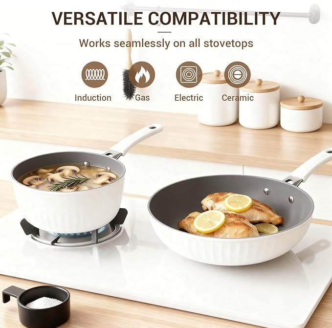 Ammeloo 15-Piece Ribbed Ceramic Cookware Set Pots and Pans Set Non Stick Induction Ready Healthy Non Toxic Kitchen Cooking Set PFAS/PFOA/PTFE-Free Silicone-wrapped Stay-Cool Handle