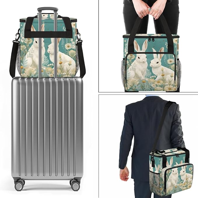 Easter Rabbit Coffee Maker Carrying Bag Chrysanthemum Travel Storage Bag Compatible with K-Mini or K-Mini Plus Single Serve Coffee Brewer Carrying Case with Multiple Pockets &amp Shoulder Strap