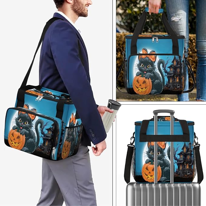 Halloween Pumpkin Cat Castle Coffee Maker Carring Bag Travel Carrying Storage Tote Bag Compatible with Keurig K-Mini or K-Mini Plus Portable Single Serve Coffee Brewer Case with Pockets