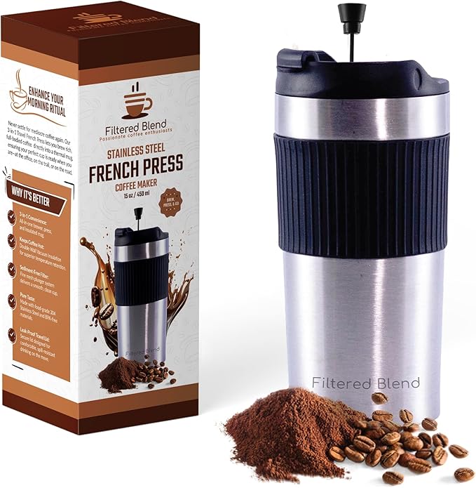 15oz Double Wall Stainless Steel Insulated French Press Coffee and Tea Maker - Portable Camping Mug and Tumbler - Heat Retaining Leak-Proof Travel-Friendly for Office and Outdoor Adventures (Silver)