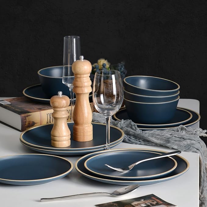 Melamine Dinnerware Sets for 4 Plates and Bowls Sets 12 Pcs Melamine Plates Nautical Dinnerware Sets Modern StyleDishwasher Safe BPA Free Suitable Indoor and Outdoor Use (Deep Blue)