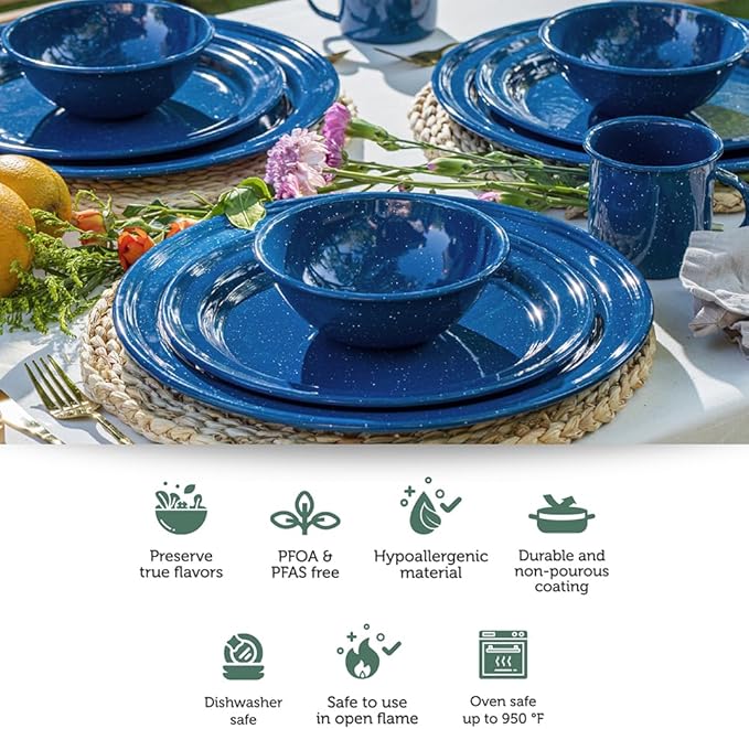 Cinsa 23 Piece. Enameled Dinnerware Camping/Outdoor Set for 4. Includes Plates Bowls Mugs Coffee Boiler.